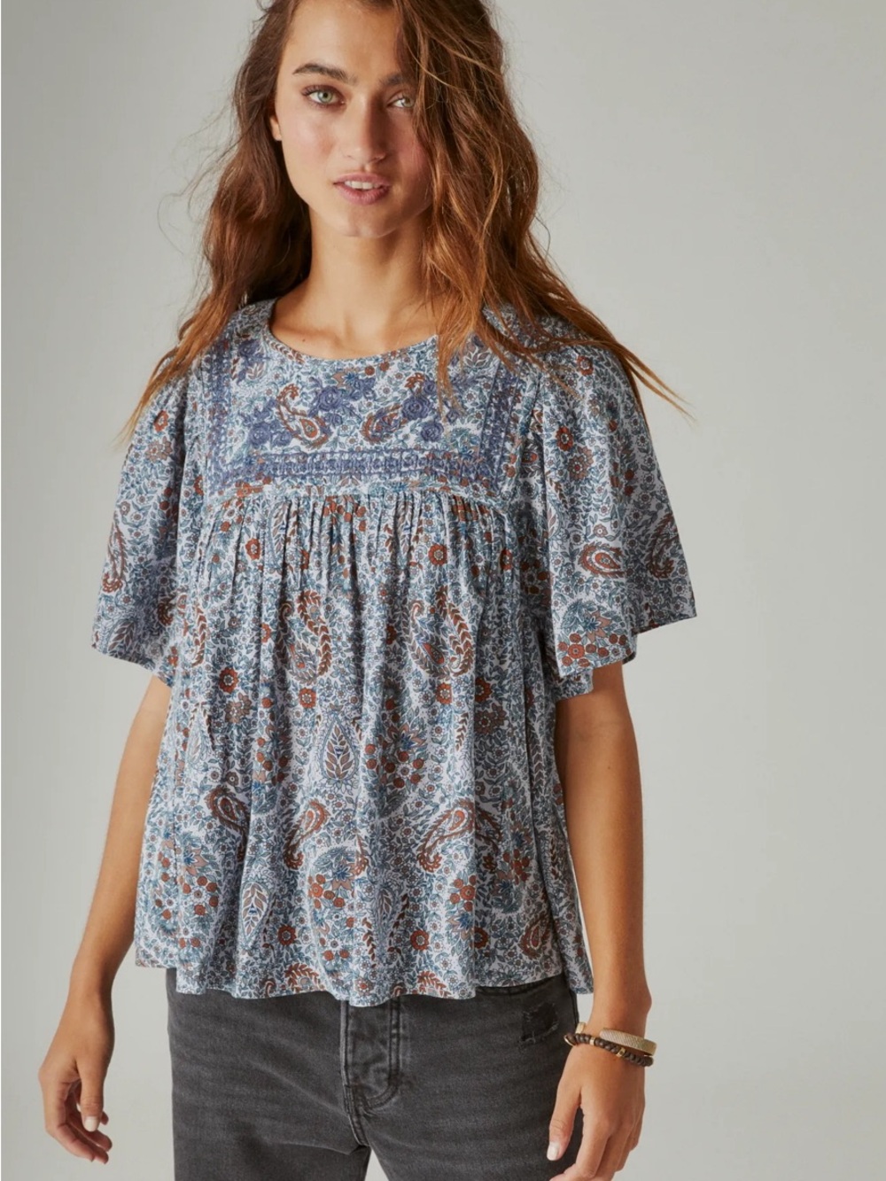Lucky brand Short Sleeve Embroidered Top